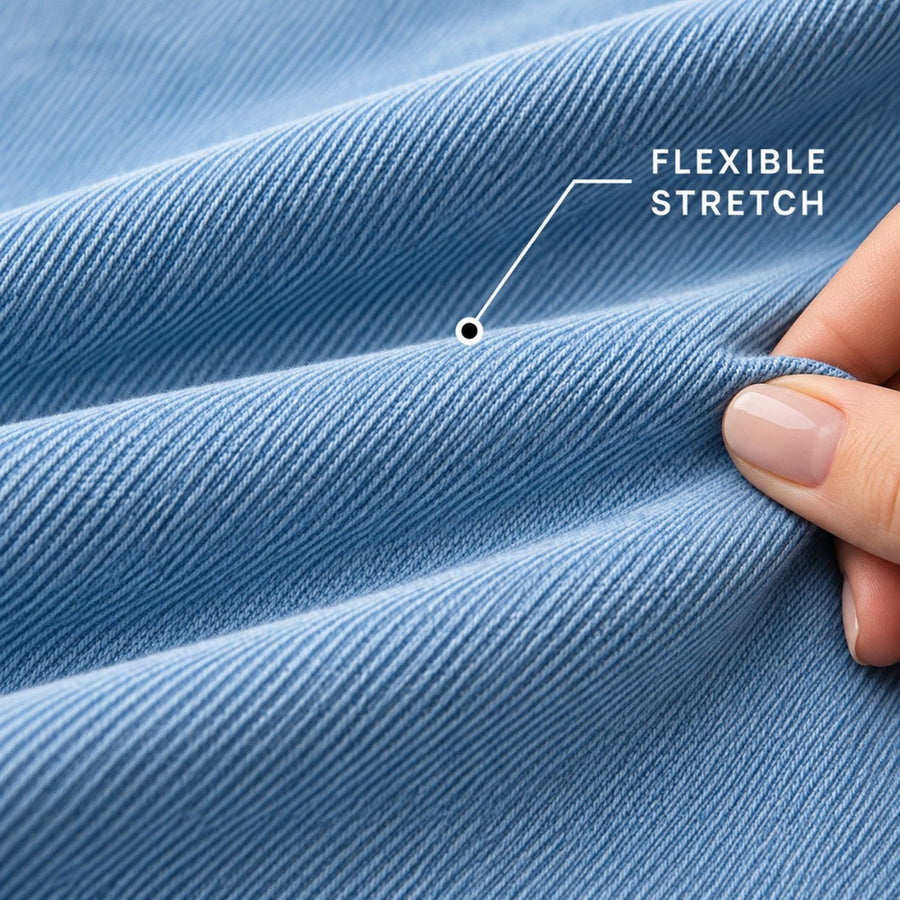 Close-up showing the flexible stretch texture of the blue denim.