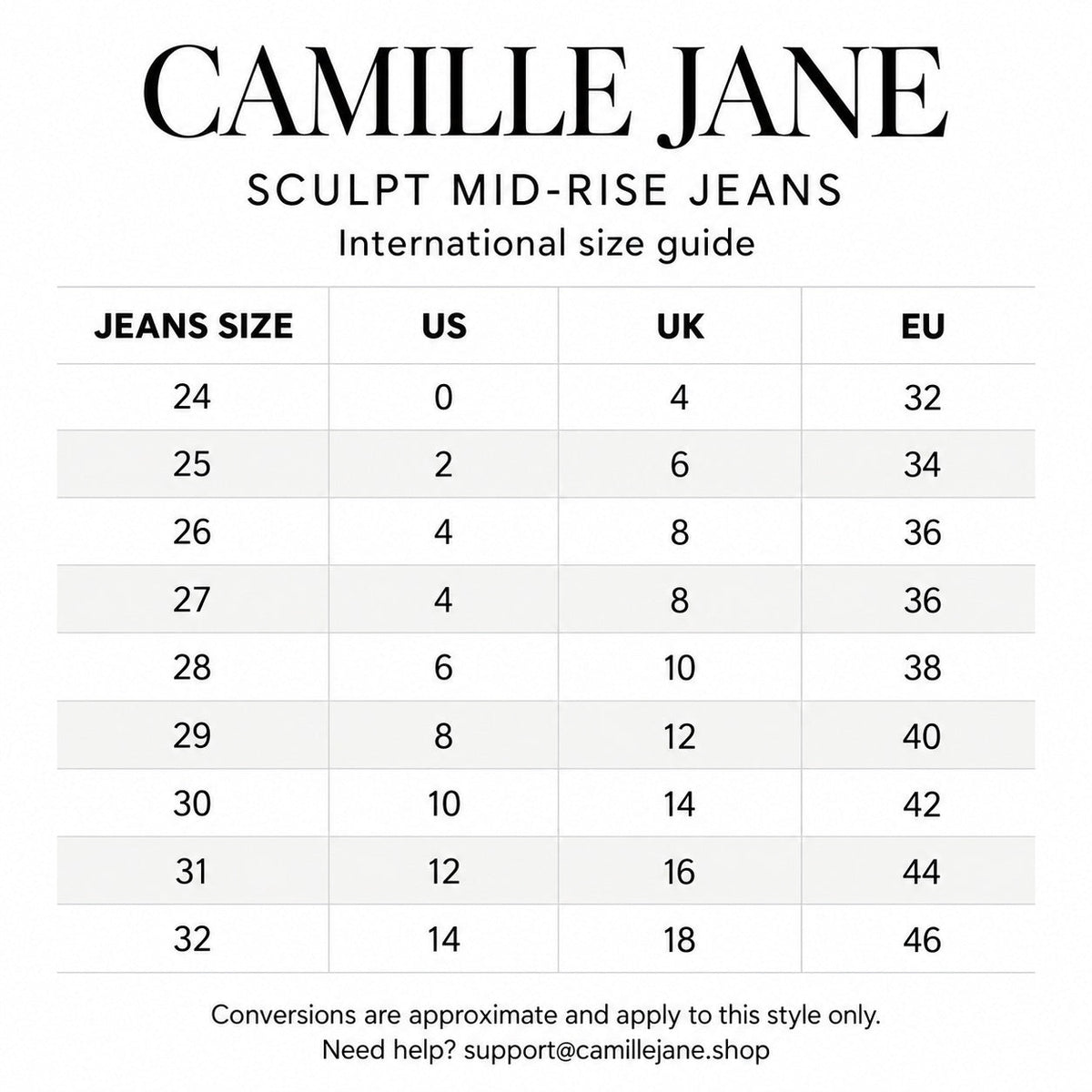 Camille Jane Sculpt Mid-Rise Jeans international size guide