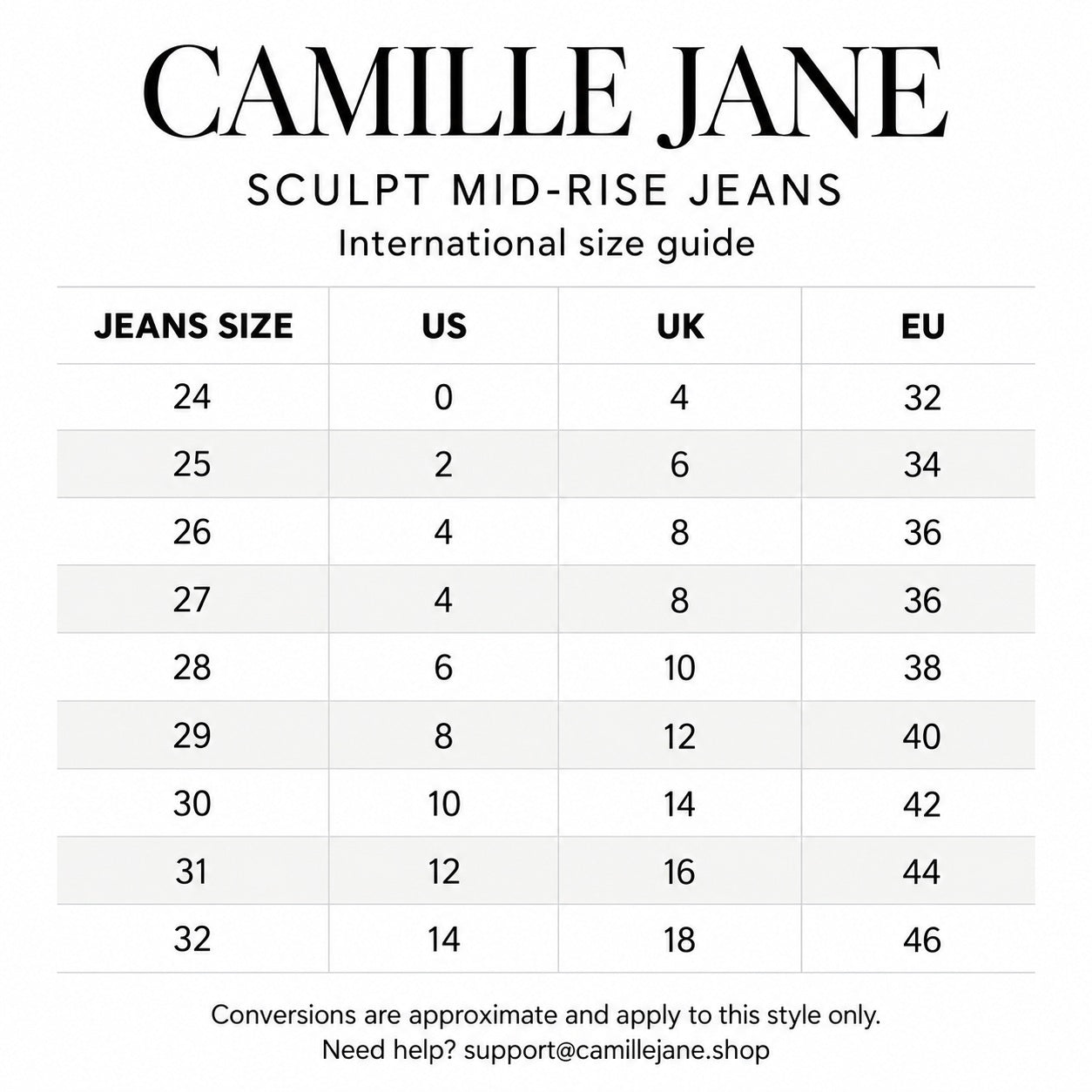 Camille Jane Sculpt Mid-Rise Jeans international size guide, sizes 24 to 32 with approximate US, UK and EU conversions.