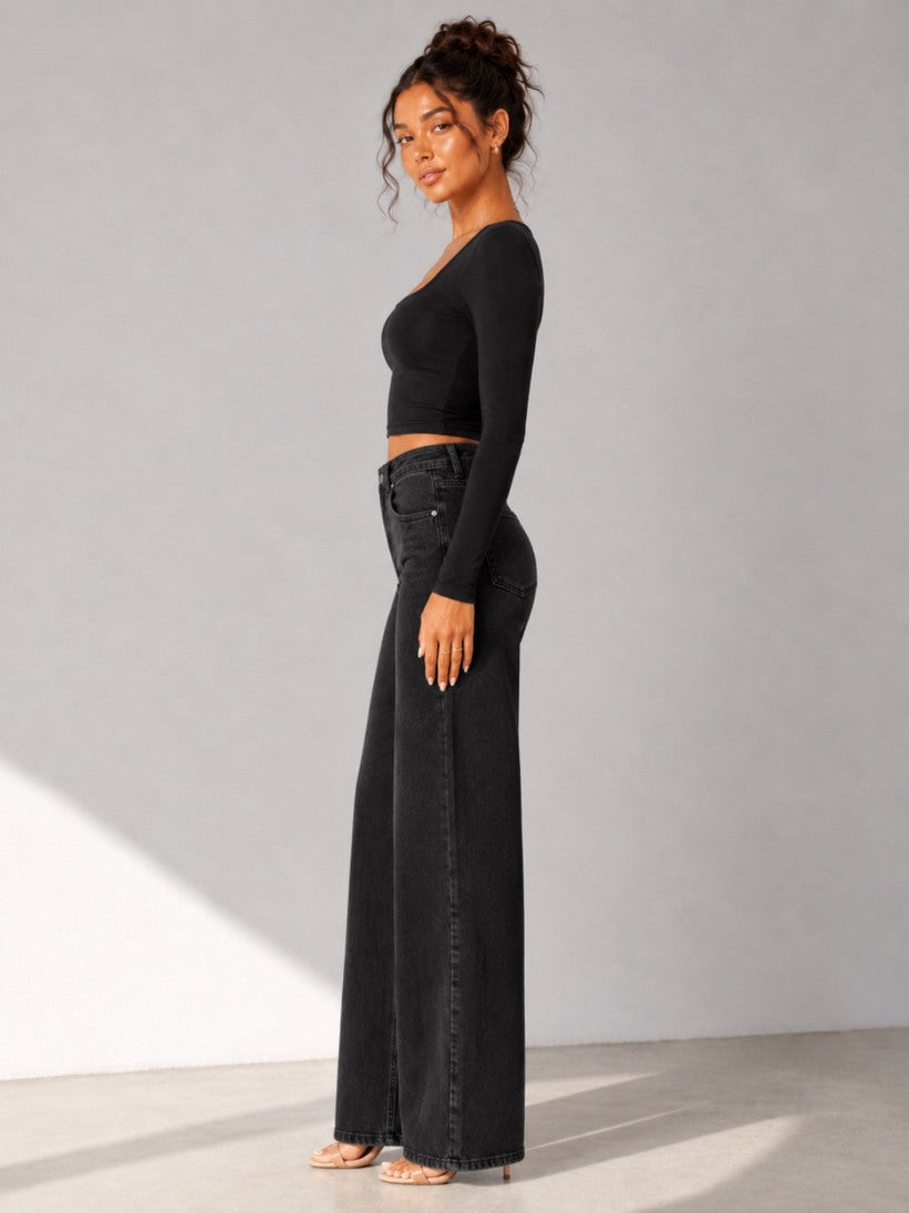 Camille Jane Sculpt Mid-Rise Jeans in black — full length side view
