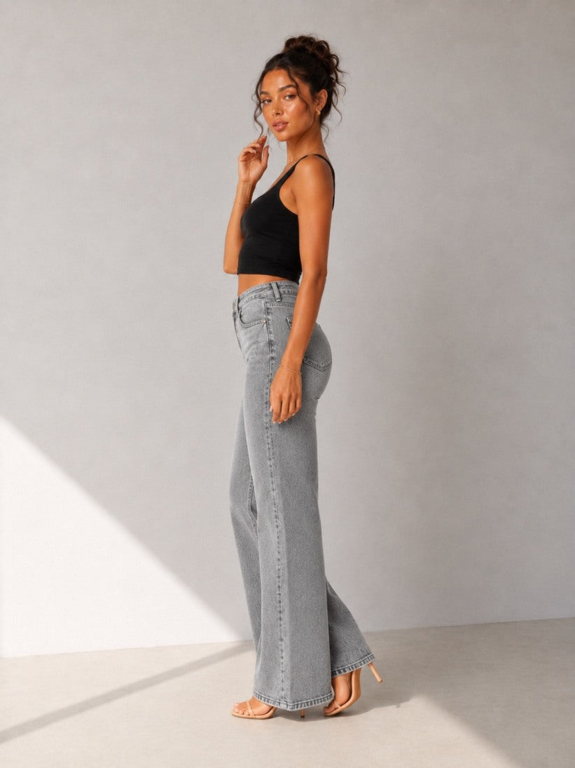 Camille Jane Sculpt Mid-Rise Jeans in grey wash — full length side view