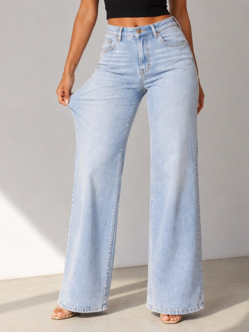 Camille Jane Sculpt Mid-Rise Jeans in light blue wash — front detail view