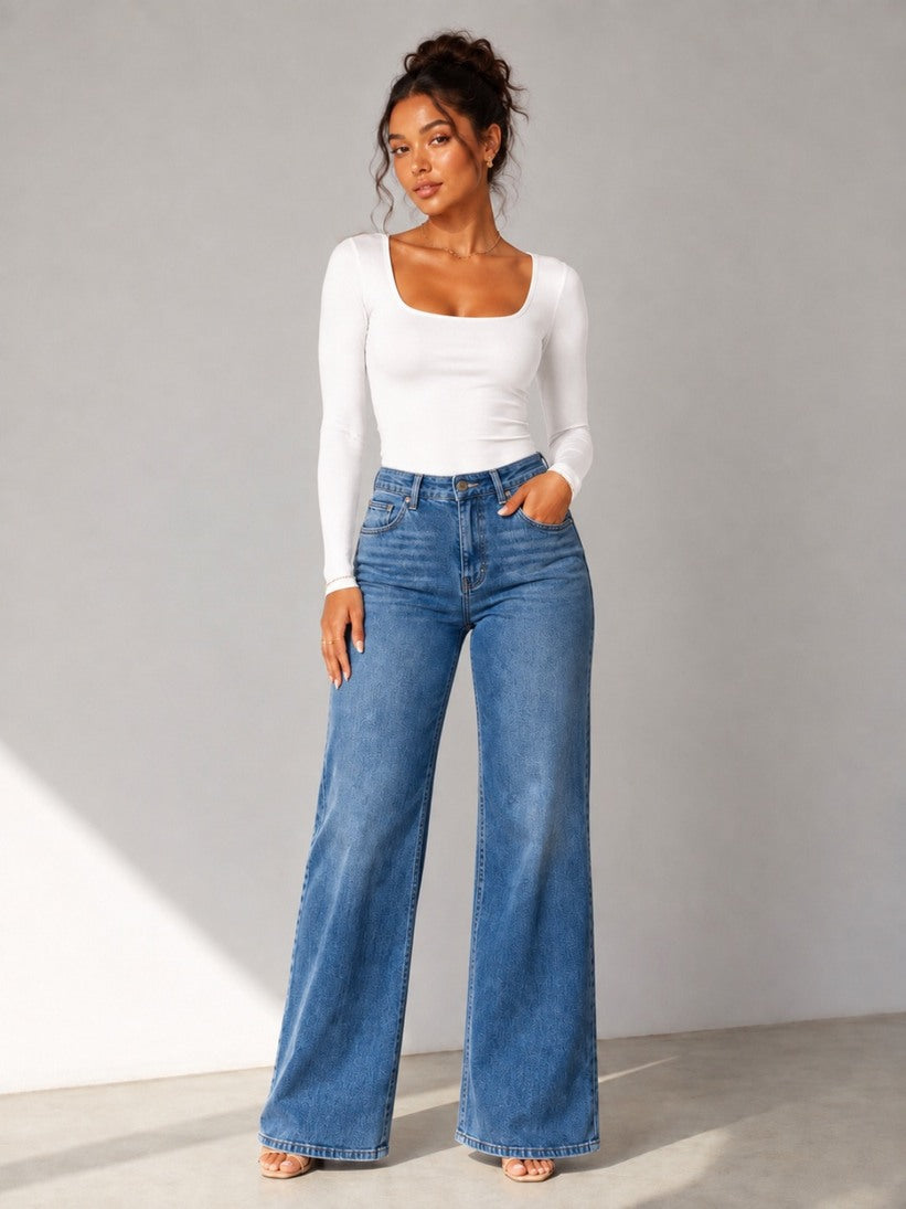 Camille Jane Sculpt Mid-Rise Jeans in vintage blue wash — full length front view